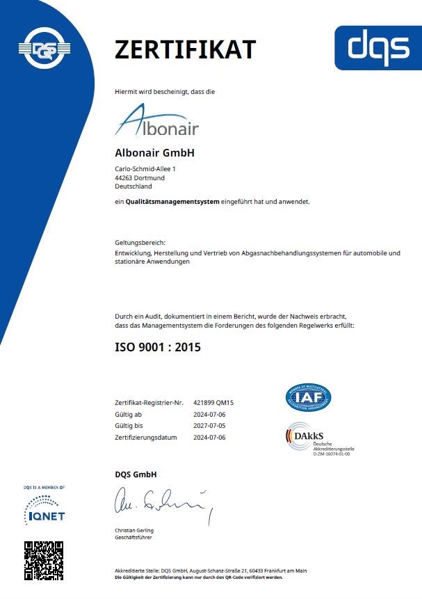 Albonair GmbH ISO 9001 Zertifikat deutsch